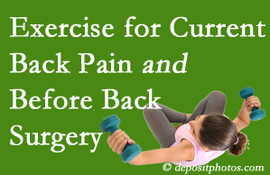 New York City exercise benefits patients with non-specific back pain and pre-back surgery patients though it is not often prescribed as much as opioids.